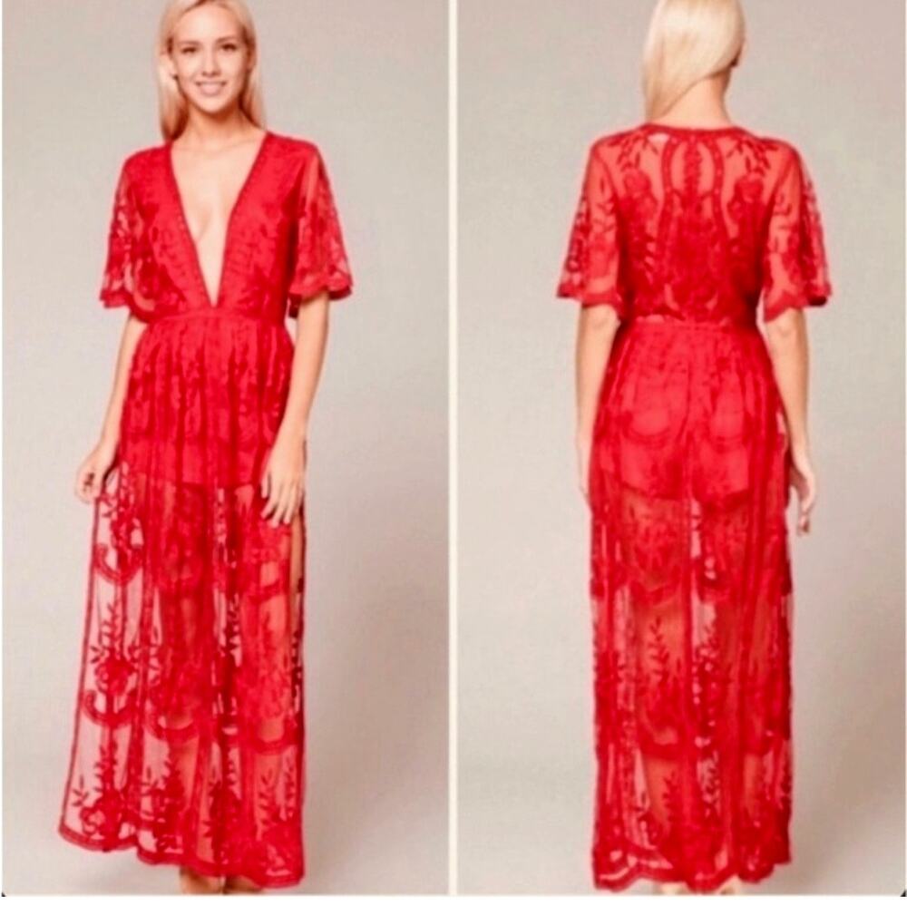 Women Honey Punch Sheer Red Lace Maxi Dress S Sexy Whimsy Boho Bodycon Romantic